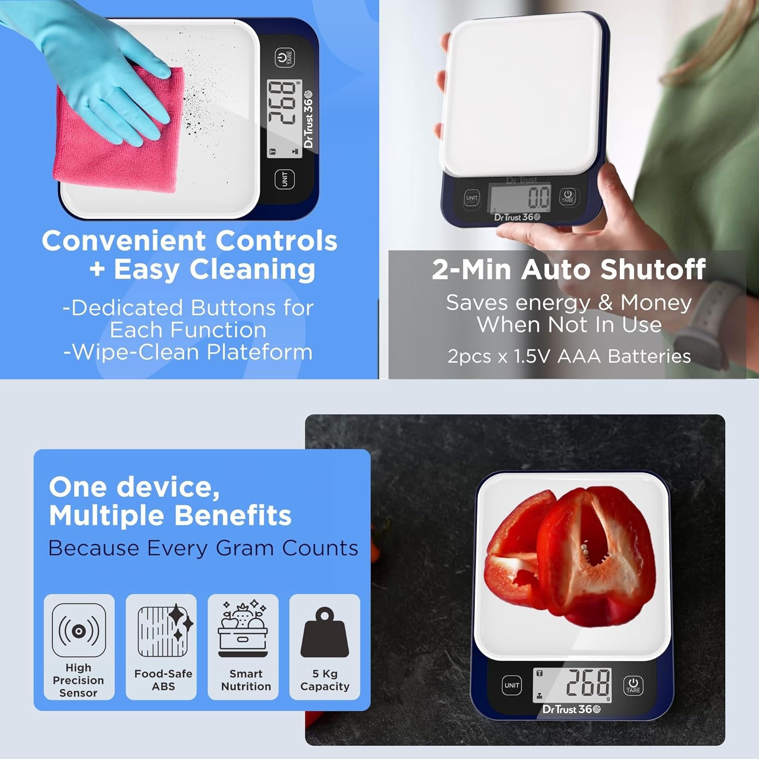 Dr Trust USA Smart Nutrition Electronic Kitchen Digital Scale Weighing Machine For Health, Fitness, Diet, Nutrition, Cooking and Home Baking with Bluetooth, Bright LCD, Touch Button, Tare Function(5 Kg)- 530 - Image 5