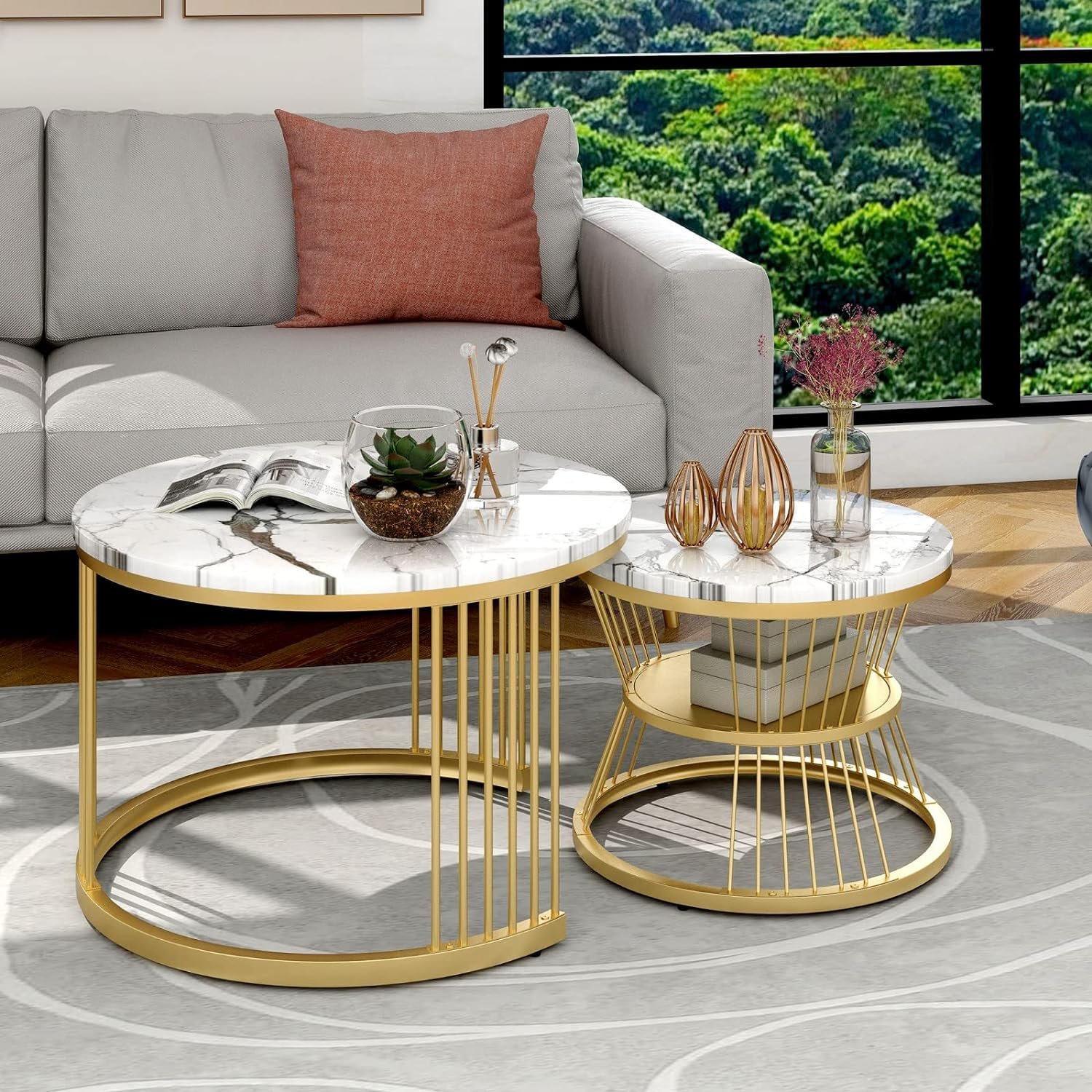 NEST NATURE HAVEN Round Coffee Table, Modern Nestings Table Set of 2, Sofa Side Table with Marble Veneer Top and Metal Frame, End Table for Living Room Bedroom Home or Office (Golden White) - Image 6