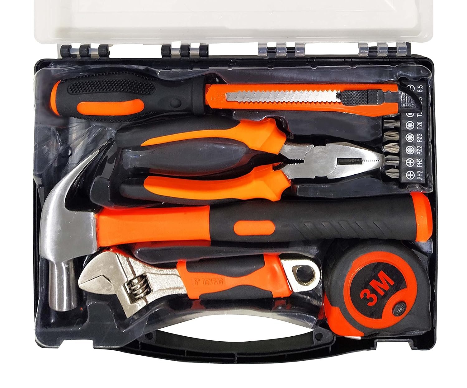 IBELL HT17-30 Hand Tool Kit (14 Pieces) | DIY & Household Repair Set with Screwdriver, Claw Hammer, Plier, Wrench, Knife, Measuring Tape & Bits | Durable Steel Tools in Hard Carry Case