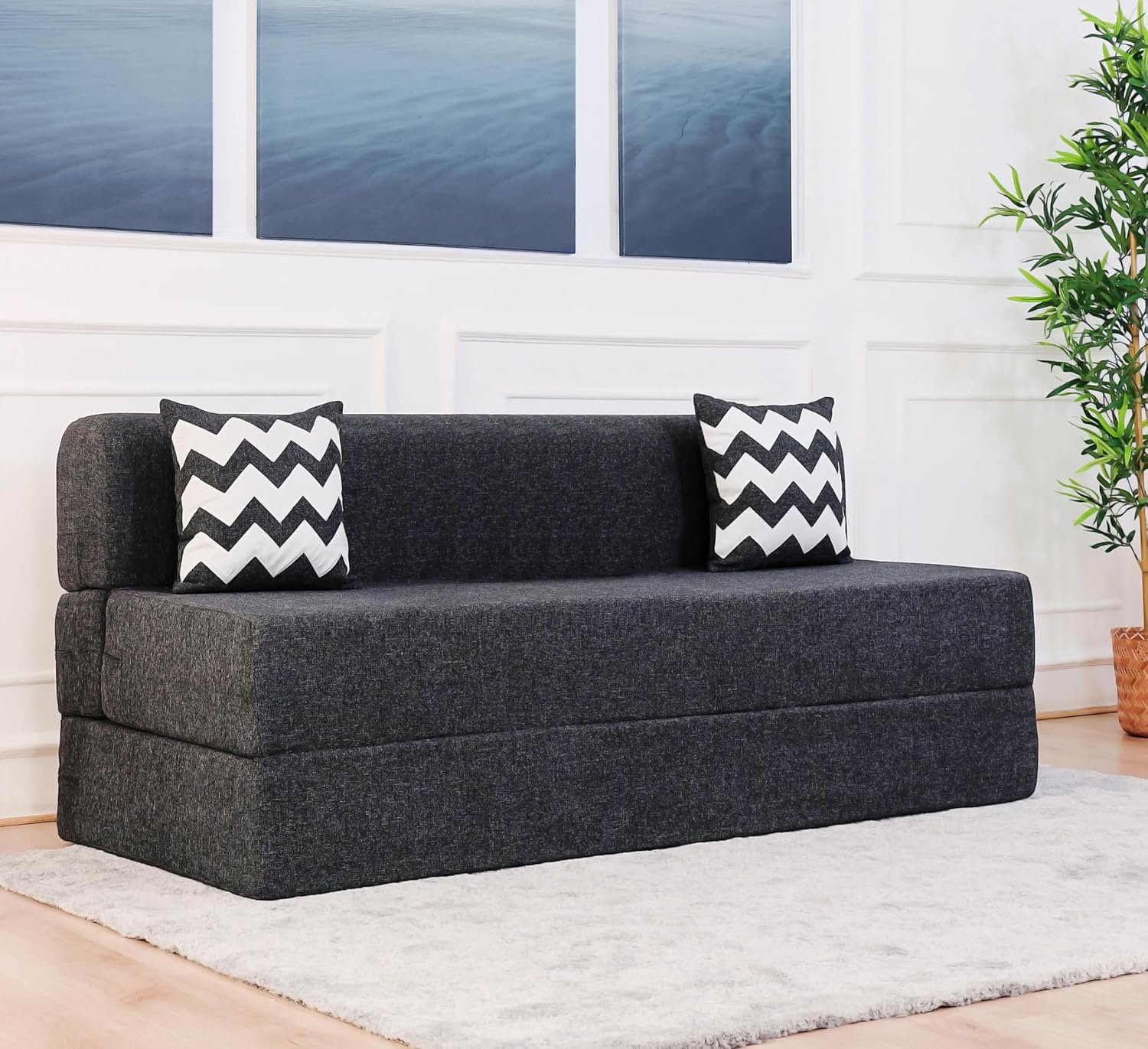uberlyfe 3 Seater Sofa Cum Bed | 1 Year Warranty | Foldable Sofacum Bed | 15" Sofa Height| 2 Cushions Zigzag Pattern |Jute Finish Fabric, Dark Grey | 6' X 6' Feet