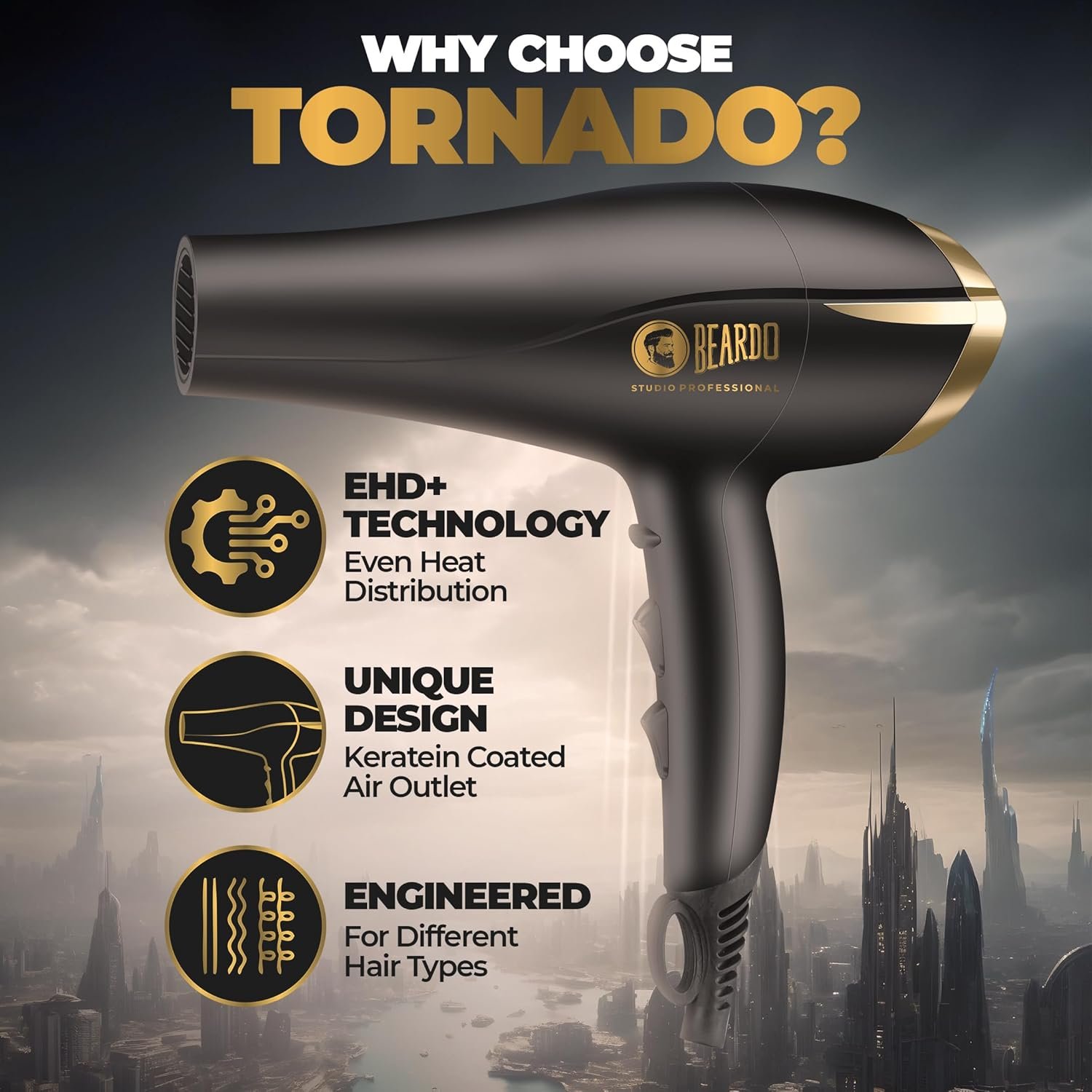 Beardo Studio Professional Tornado Hair Dryer with 2000 Watts Power | AC Motor, Concentrator, Diffuser, 2 Speeds, 3 Temperature Settings & Cool Shot feature | Suitable for Professional Drying Experience | Gift For Brother | Gift For Friends - Image 3