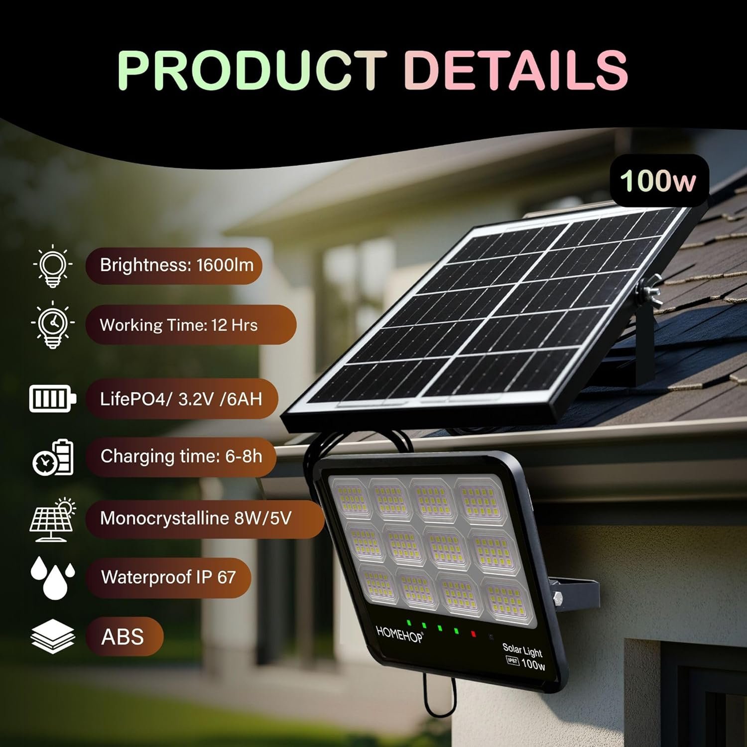 Homehop Solar Light Outdoor Waterproof 100W Flood LED Automatic Wall Lamp for Home, Garden, Balcony, Courtyard, Porch and Patio (6Ah, ABS, Cool White) - Image 3