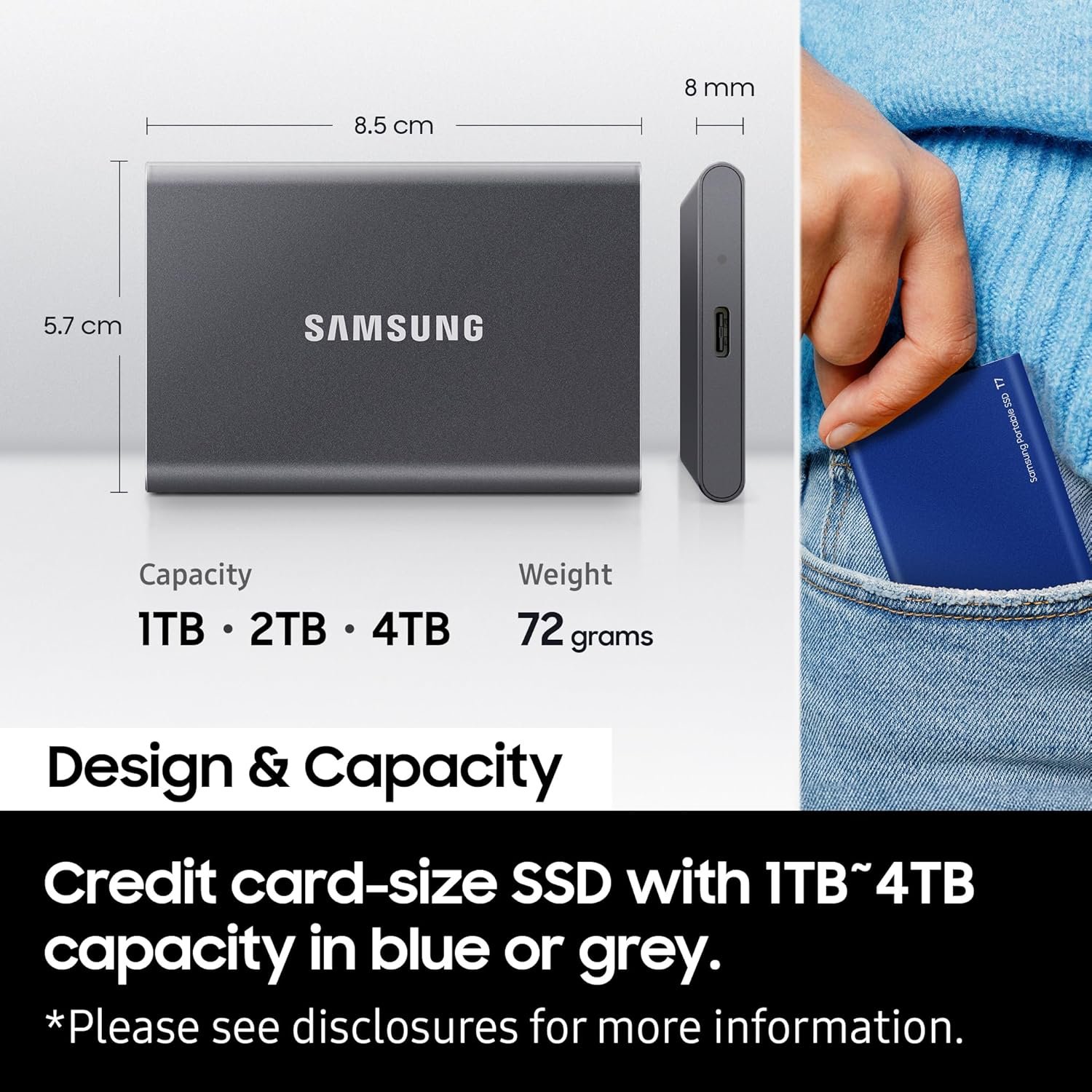 Samsung T7 2TB Up to 1,050MB/s USB 3.2 Gen 2 (10Gbps, Type-C) External Solid State Drive (Portable SSD) Grey(MU-PC2T0T) - Image 3