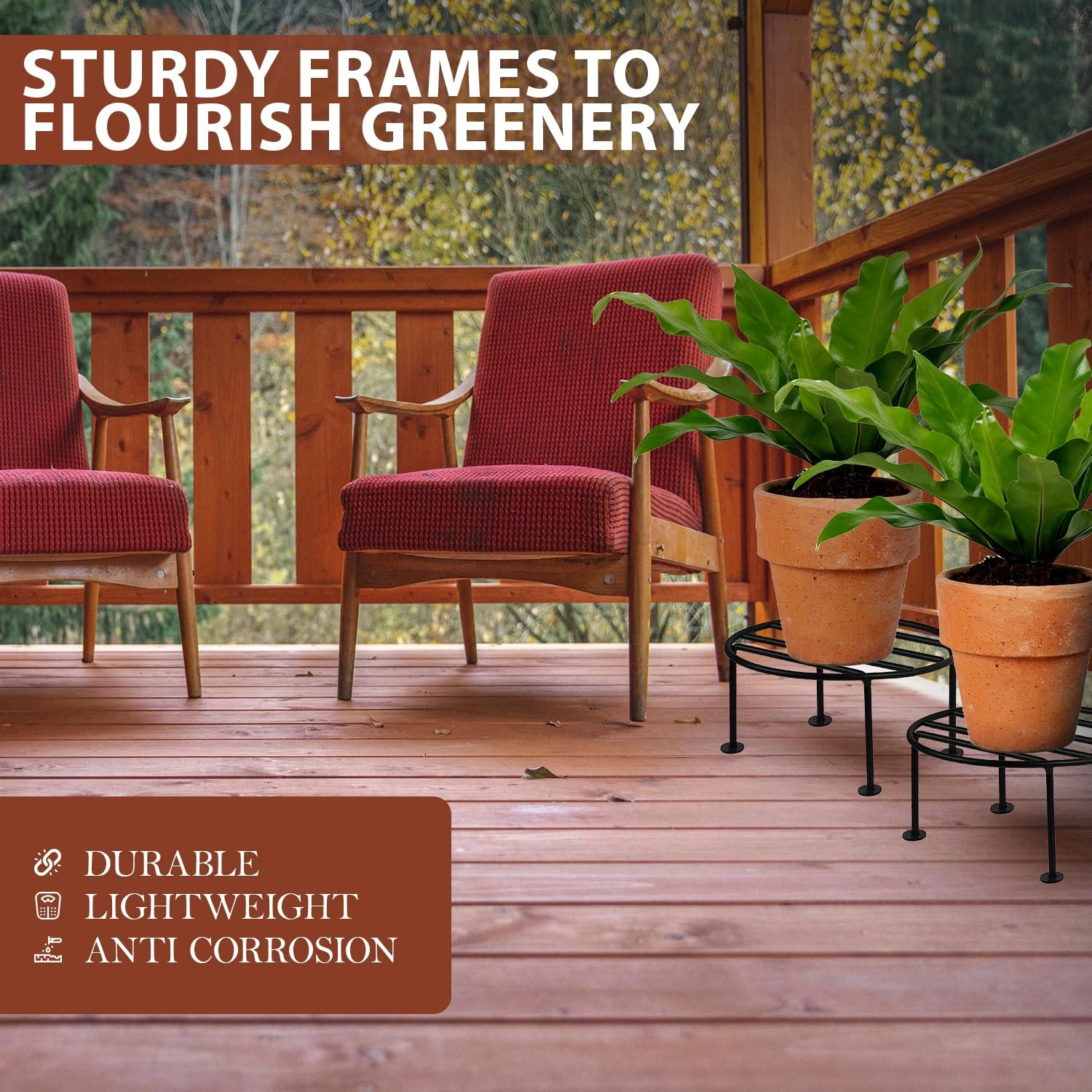 ORILEY 4 Pcs Round Plant Stand Galvanised Metal Flower Pot Holder Rust Resistant Gamla Support Corner Rack Outdoor Display Shelf for Home Garden Balcony Decoration (Black) - Image 4