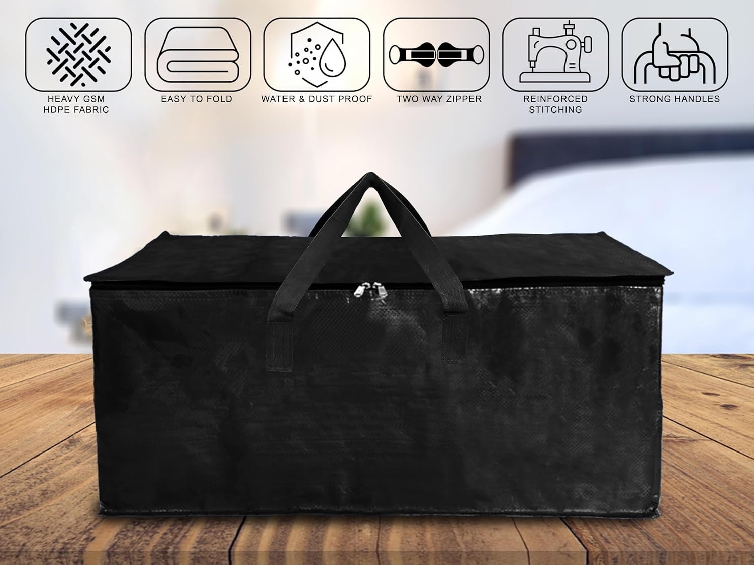 Shalimar Large Capacity Foldable Under Bed Storage Bags/Duffle Bags for Travel/Moving Bags/Wardrobe Organizer Bags | Comfortable Handles | Water Resistant | 24.5Lx12Wx14H Inches | Pack of 1 - Black - Image 4