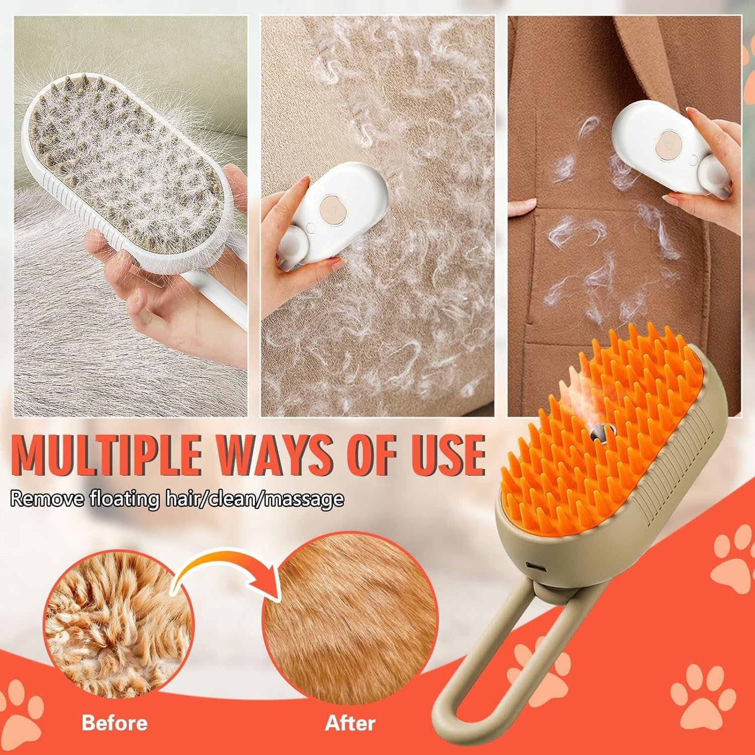 3 In1 Pet Steam Brush - One-Touch Spray Pet Hair Removal Tool 360°Rotating Handle Cat Brush With Steam Silicone Massage Comb Cat Brush For Shedding Multifunctional Dog Hair Brush - Image 6