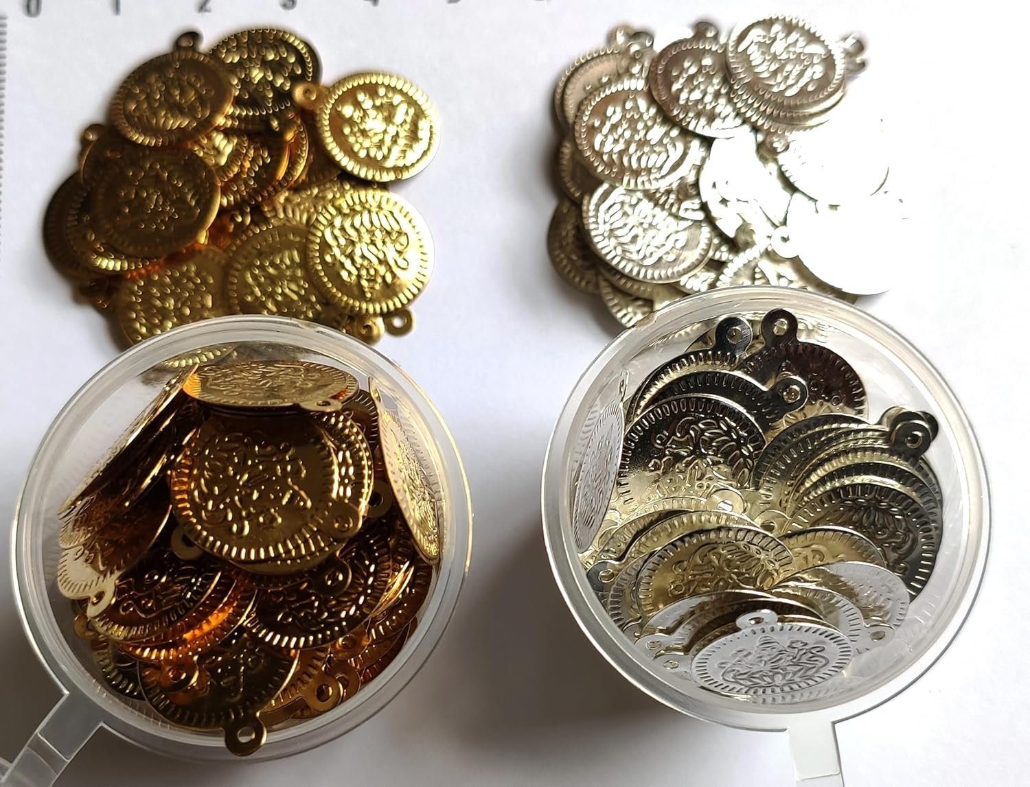 GoSetGet!(500 pcs) 14 MM Gold (250pcs) & Silver (250pcs) Lakshmi Kasu/Coin Coated Metal Beads for Embroidery, Jewelry & Arts (Gold_Silver-500) - Image 6