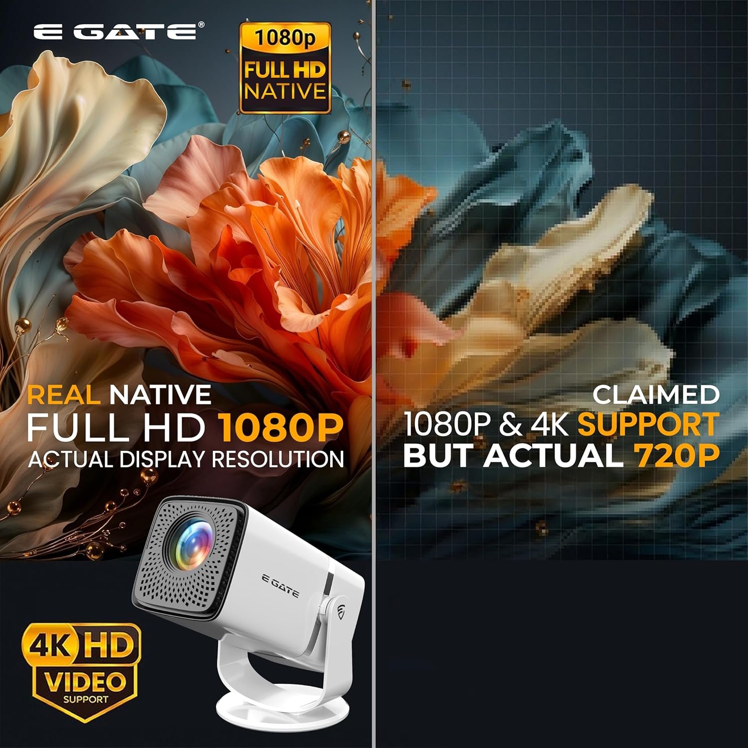 E GATE Atom 3X | Real Full HD 1080p Native, 13.0 Automatic Android Projector | 300 ISO | Rotatable Design | 4K HDR Support | Inbuilt Netflix, Prime | ARC-HDMI, USB, Wifi-6, BT, Screen Mirroring, Egate - Image 3