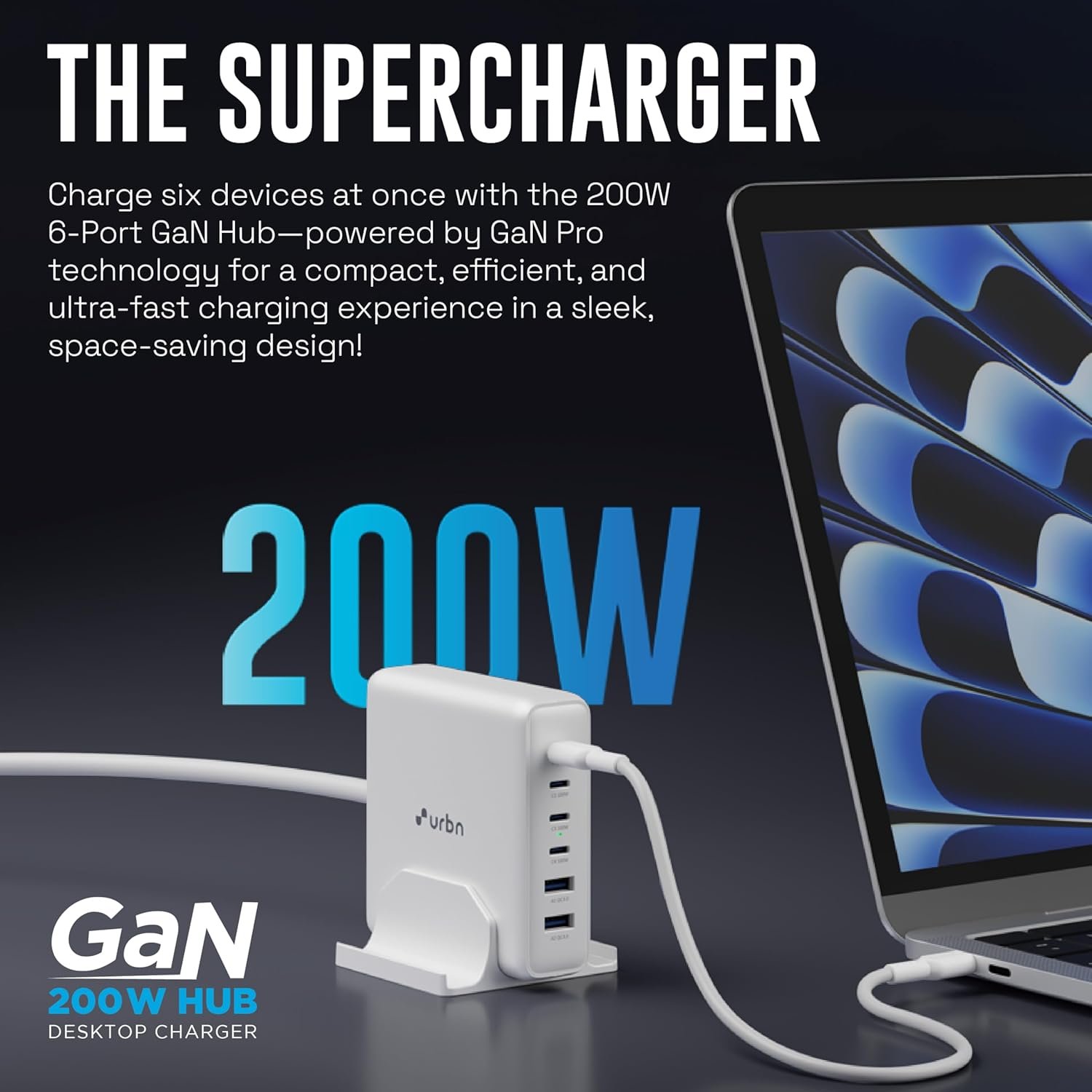 URBN 200W GaN Power Hub | 6-Port Desktop Charger (4 USB-C + 2 USB-A) | QC, PD & PPS Compatible | Super Fast Charging 2.0 | 12-Layer Protection | 1.5M Power Cord for Laptop, iPhone, Samsung, MacBook - Image 4