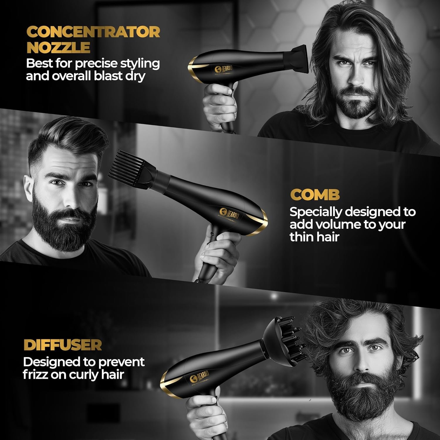 Beardo Studio Professional Tornado Hair Dryer with 2000 Watts Power | AC Motor, Concentrator, Diffuser, 2 Speeds, 3 Temperature Settings & Cool Shot feature | Suitable for Professional Drying Experience | Gift For Brother | Gift For Friends - Image 6