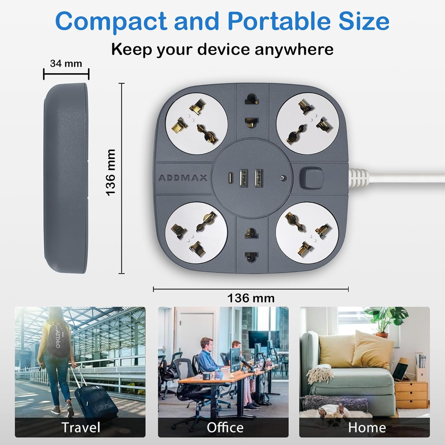 ADDMAX Extension Cord with USB – 6 Power Socket with 2 USB Ports | 1.8 Meter Heavy Duty Cord | 10A 220V Multi Plug Extension Board | Fire Flame Proof Extension Cord for Home & Office – Grey - Image 5