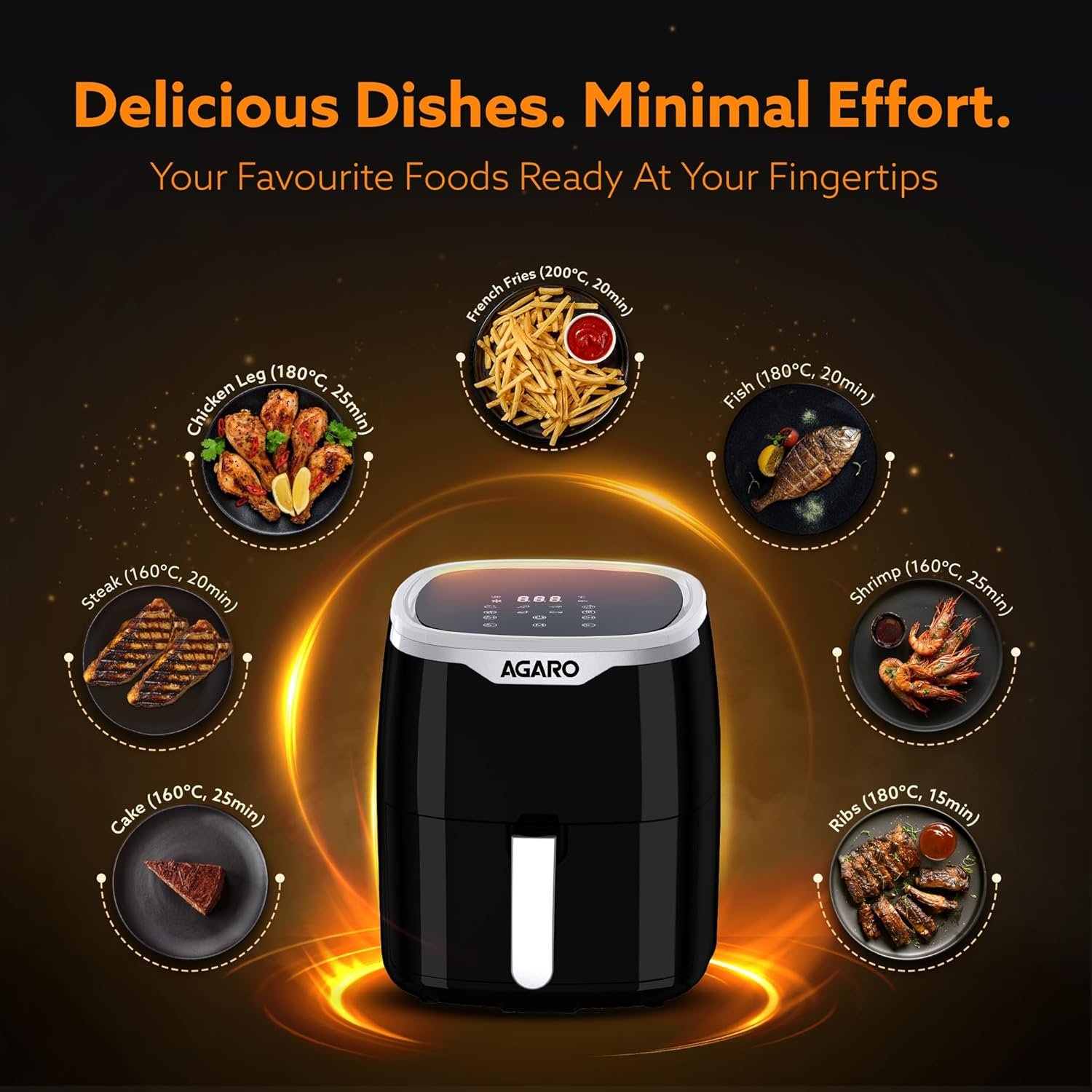 AGARO Galaxy Digital Air Fryer For Home, 4.5L, Electric Air Fryer, Convection Oven, 1400W, 7 Preset Programs & Reheat, 360 Degrees Air Circulation, Digital Touch Display, Bake, Roast, Toast, Black - Image 6
