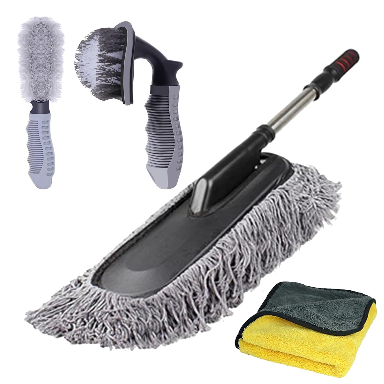 Autofy Car Microfiber Duster & Rim Tyre Cleaner Brush & 800 GSM Microfiber Cloth Car Cleaning Brush for Car Cleaning Car Accessories (Pack of 4) Car Cleaning Combo