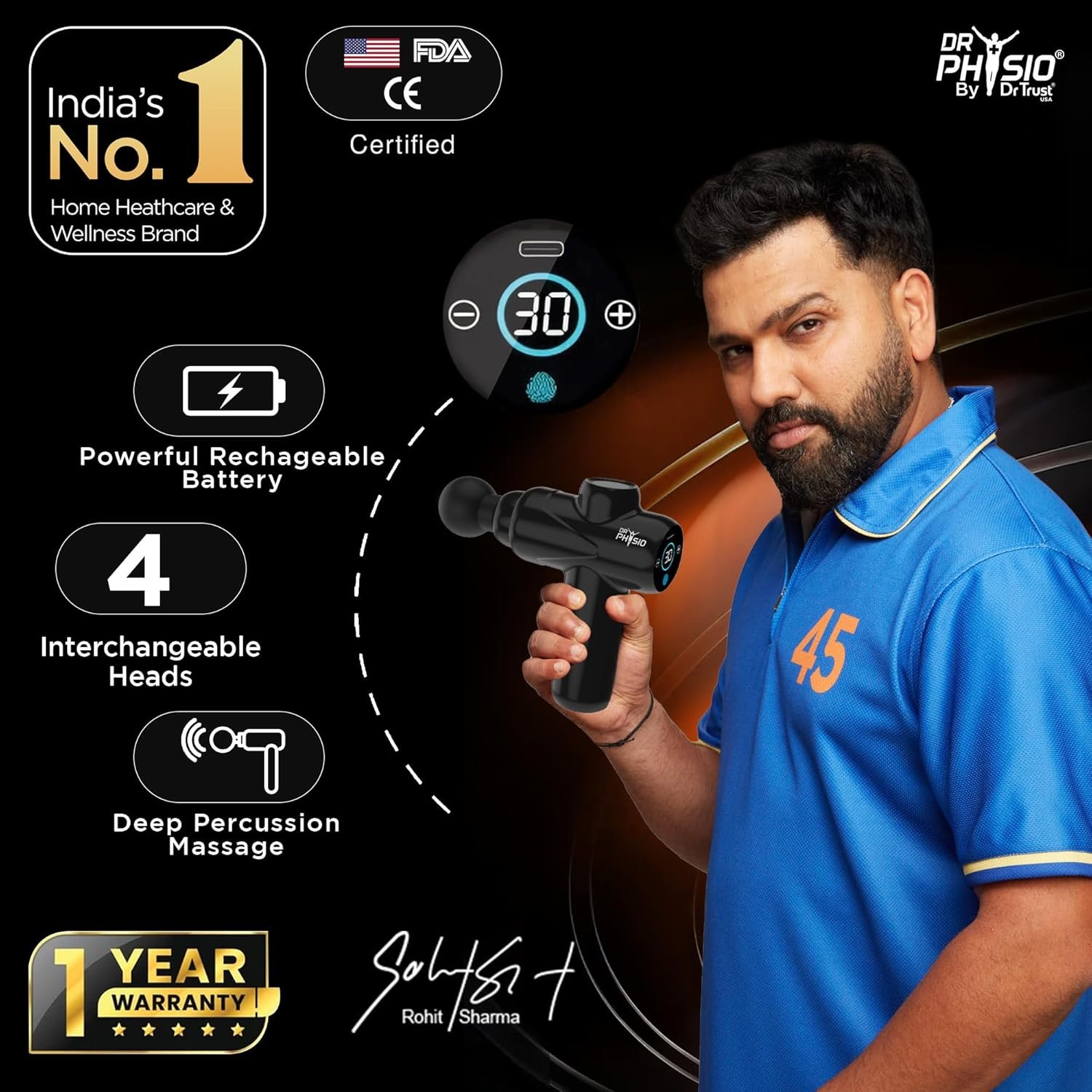 Dr Physio USA Touch Dynamo 1049 Percussion Gun Massager for Full Body Pain Relief, Rechargeable Cordless Deep Tissue Massage Machine for Legs & Arms, Use at Home, Gym & During Travel - Image 2