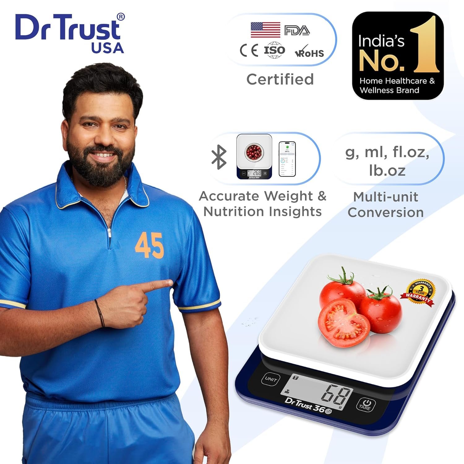 Dr Trust USA Smart Nutrition Electronic Kitchen Digital Scale Weighing Machine For Health, Fitness, Diet, Nutrition, Cooking and Home Baking with Bluetooth, Bright LCD, Touch Button, Tare Function(5 Kg)- 530 - Image 2