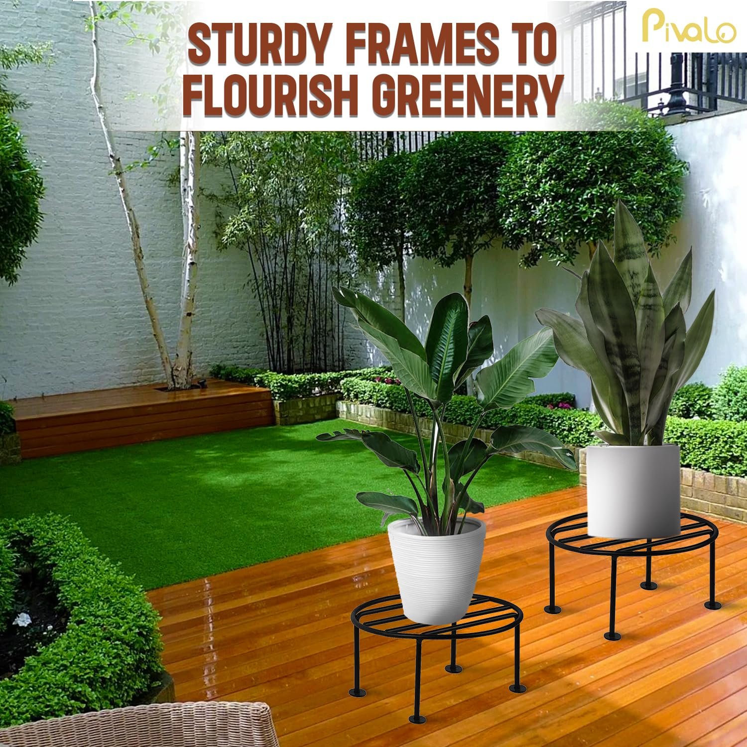 Pivalo Round Plant Stand Galvanised Metal Gamla Support Corner Rack Display Shelf Indoor & Outdoor Flower Pot Holder for Planters Home Garden Balcony Decoration (Pack of 4, Black) - Image 5