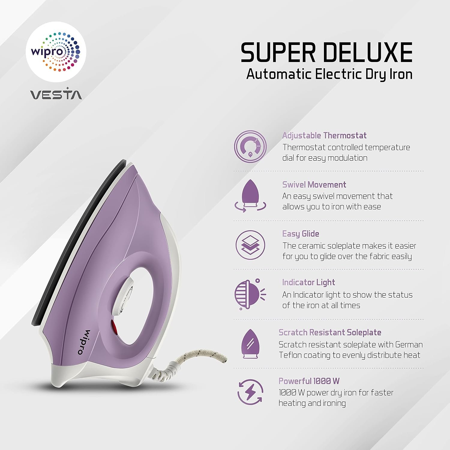 Wipro Gd205 Super Deluxe 1000 Watt Automatic Electric Dry Iron | Large Soleplate|Anti Bacterial German Weilburger Double Coated Soleplate | Quick Heat Up - 1000 Watts, Aluminium - Image 2
