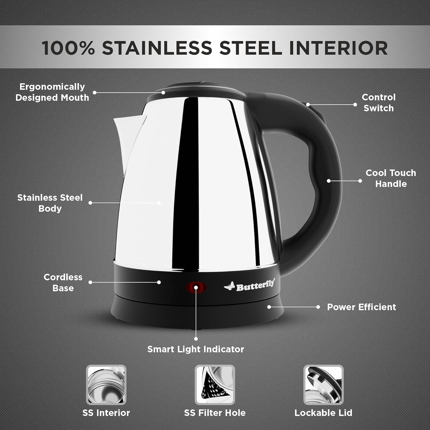 Butterfly EKN 1.5 Litre Stainless Steel Electric Kettle | 1500 W | 360� Swivel Power Base | Auto Shut Off | For Hot Water, Tea, Coffee, Noodles | Dry Boil Protection | - Image 5