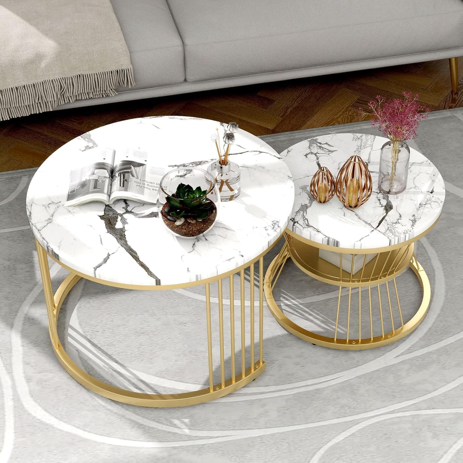 NEST NATURE HAVEN Round Coffee Table, Modern Nestings Table Set of 2, Sofa Side Table with Marble Veneer Top and Metal Frame, End Table for Living Room Bedroom Home or Office (Golden White) - Image 3