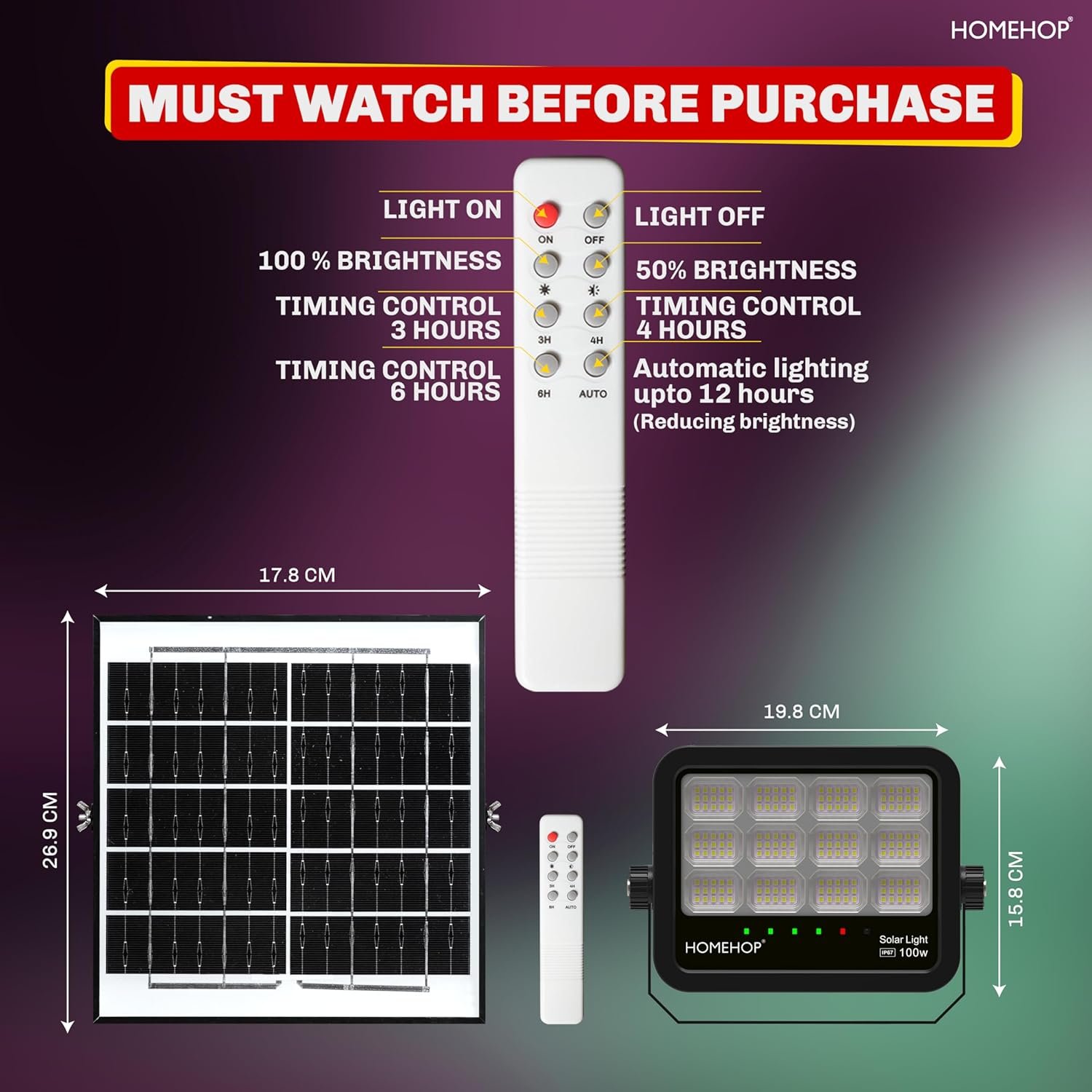 Homehop Solar Light Outdoor Waterproof 100W Flood LED Automatic Wall Lamp for Home, Garden, Balcony, Courtyard, Porch and Patio (6Ah, ABS, Cool White) - Image 5