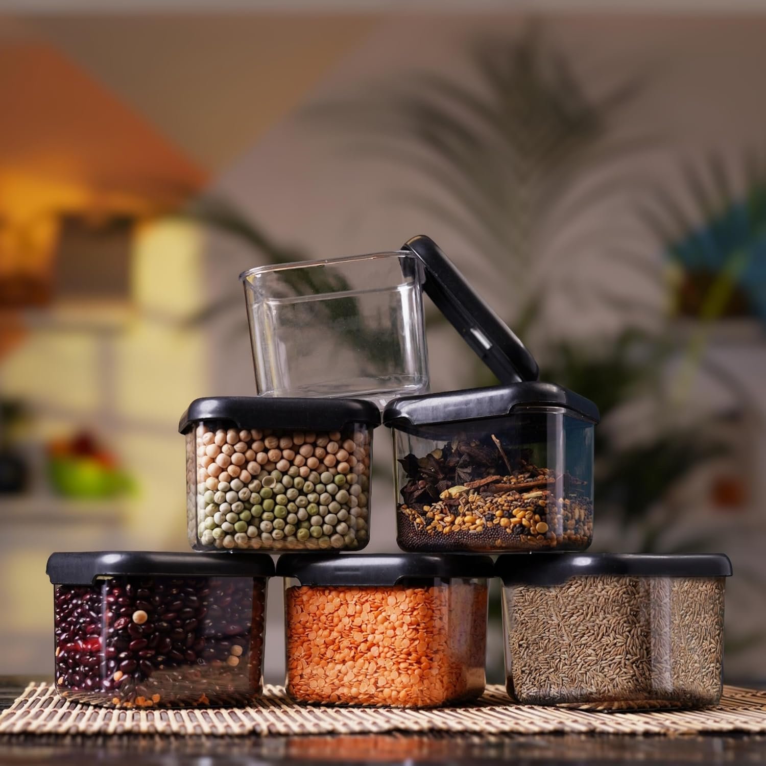 Clazkit Air Tight Modular Containers Storage Set For Kitchen, Pantry Organization, Bpa-Free, Dishwasher Safe (Pack Of 6, Black, 500 ml, Plastic)