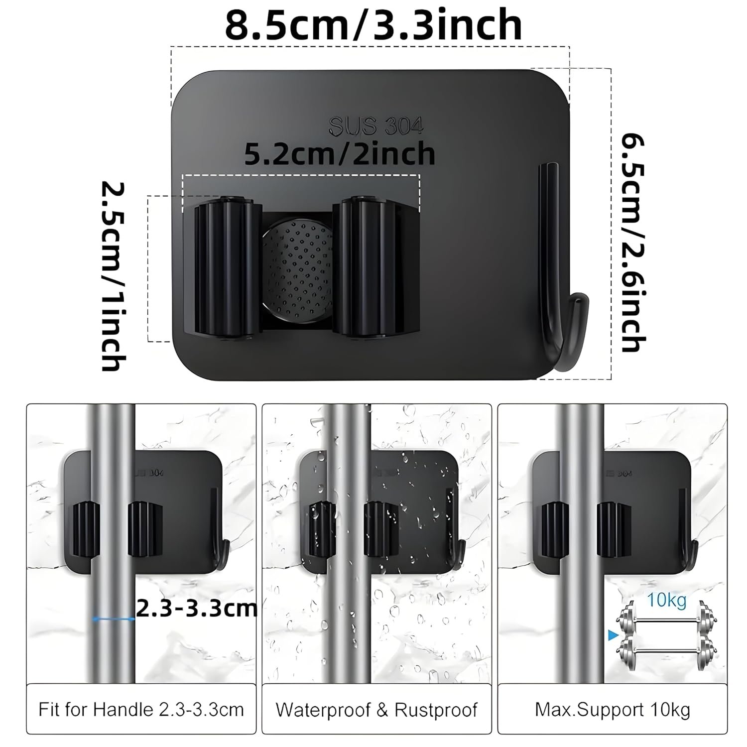 JIALTO 2 Pieces Stainless Steel Broom Holder with Hook - Wall-Mounted Adhesive Waterproof Rustproof Heavy Duty Broom and Mop Stick Holder for Home, Kitchen, - Image 4