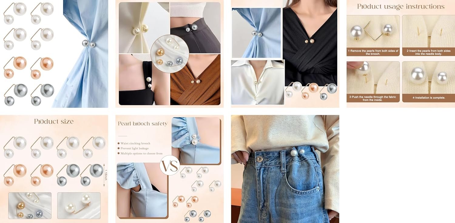 TecoKart® 8pcs Artificial Pearl Brooch Saree Pin for Pleats Anti-Exposure Neckline Safety Pins HiJab Pin for Women Girls Clothing Size Alteration Clothing Accessories for Women - Image 8