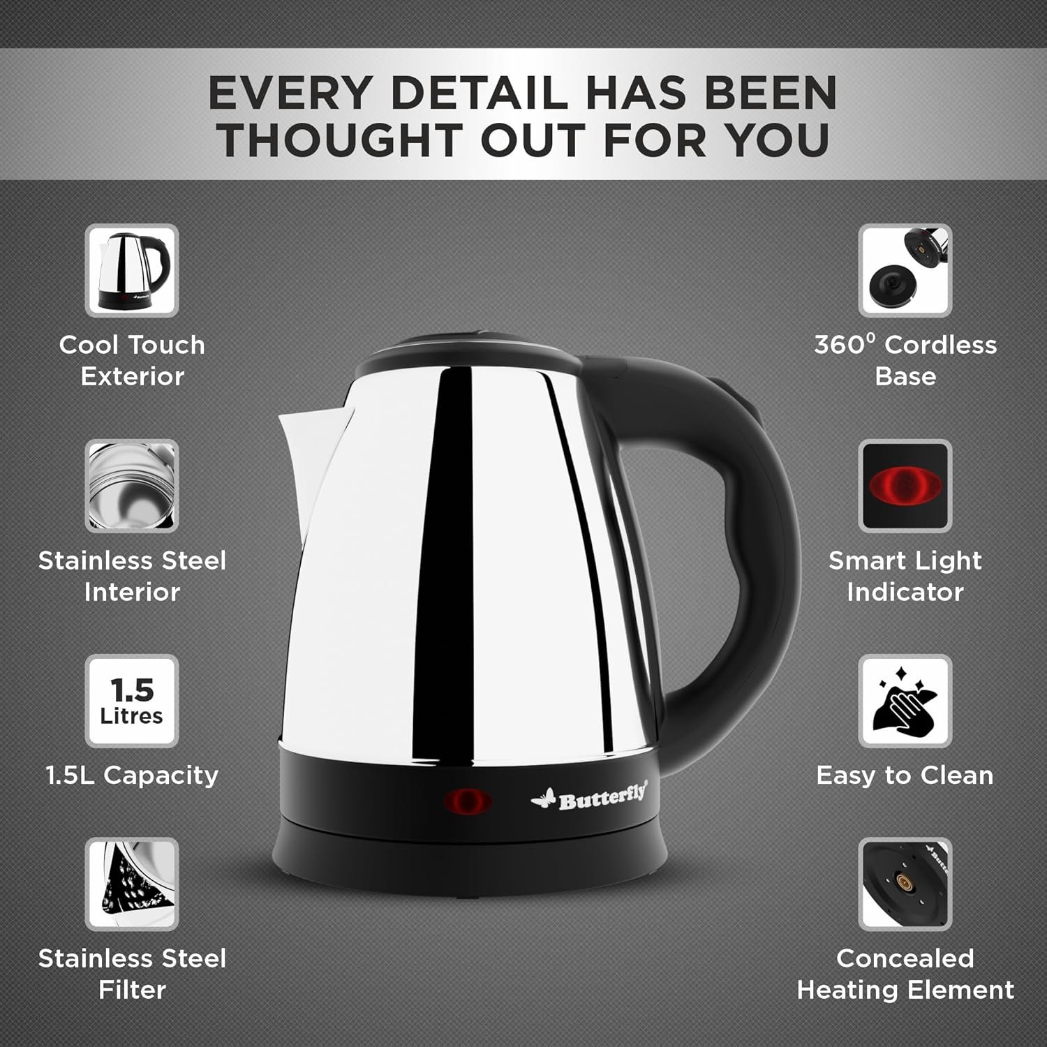 Butterfly EKN 1.5 Litre Stainless Steel Electric Kettle | 1500 W | 360� Swivel Power Base | Auto Shut Off | For Hot Water, Tea, Coffee, Noodles | Dry Boil Protection | - Image 6