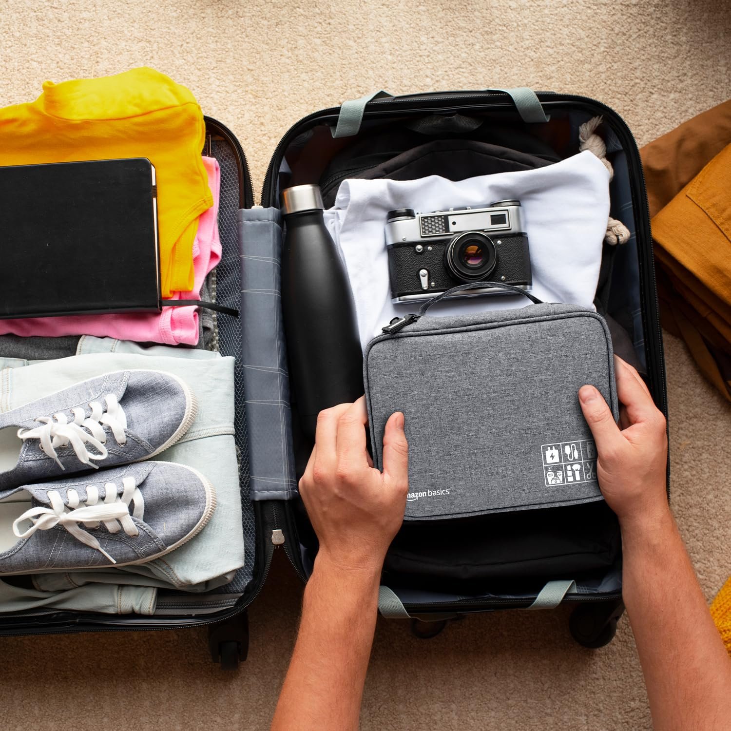 amazon basics Travel Organiser for Electronic Accessories, Flexible Padded Dividers, Waterproof, Foam Padding, for Cables, Chargers, Hard Disk, Power Bank (Grey) - Image 5