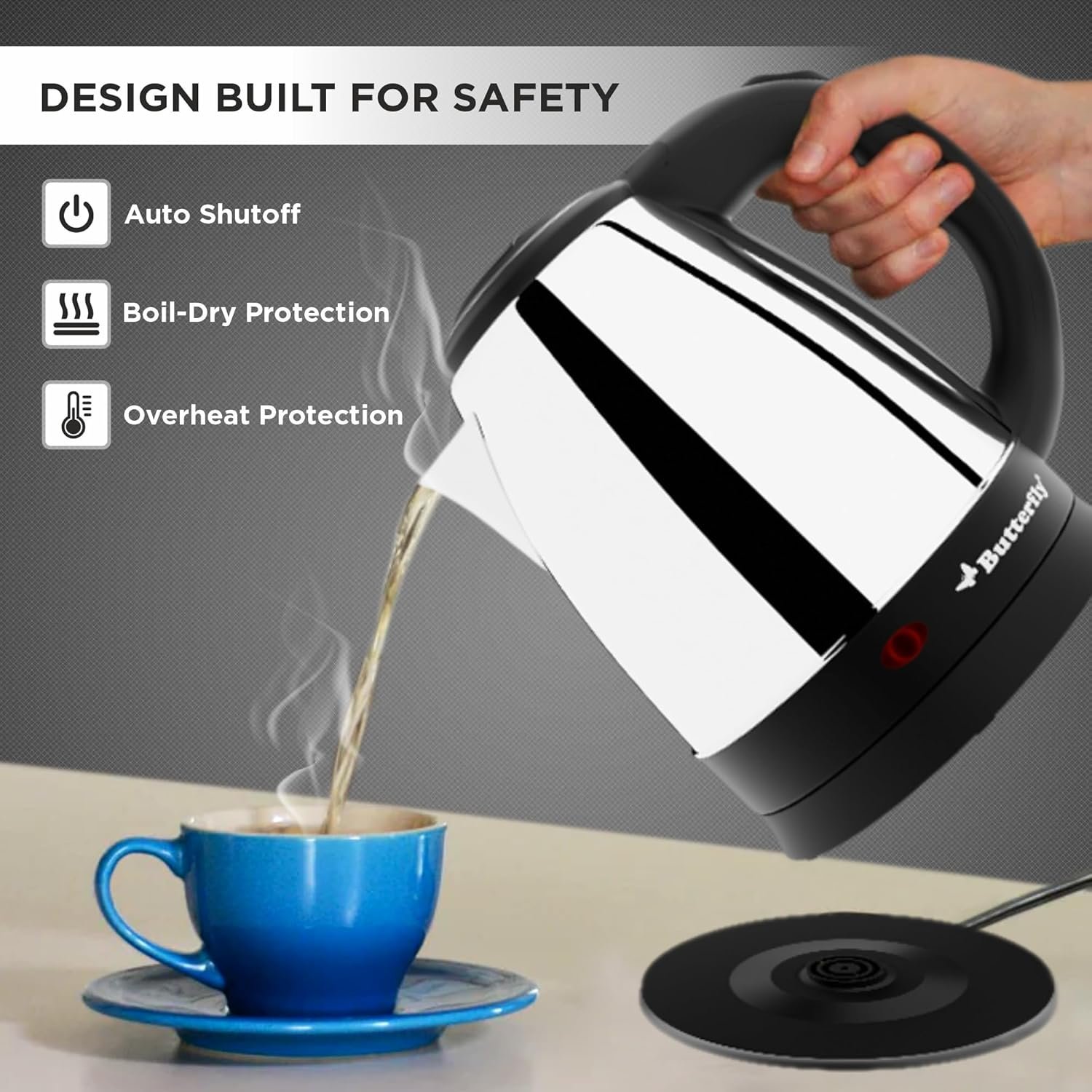 Butterfly EKN 1.5 Litre Stainless Steel Electric Kettle | 1500 W | 360� Swivel Power Base | Auto Shut Off | For Hot Water, Tea, Coffee, Noodles | Dry Boil Protection | - Image 4
