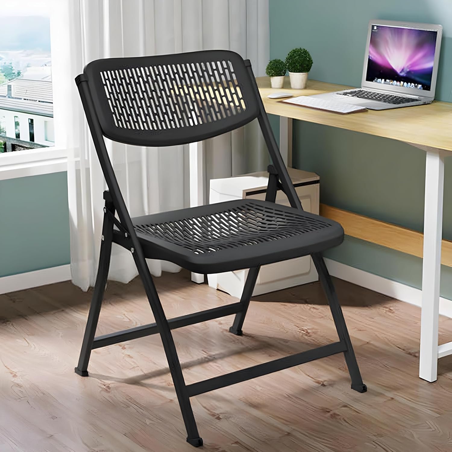 MRC Lazer Folding Chair with Breatheable Nylon Seat for Space-Saving Design for Home, Office, and Dorm Rooms Kitchen,Work,Sturdy,Garden,Balcony,Restaurant Chair (Black)