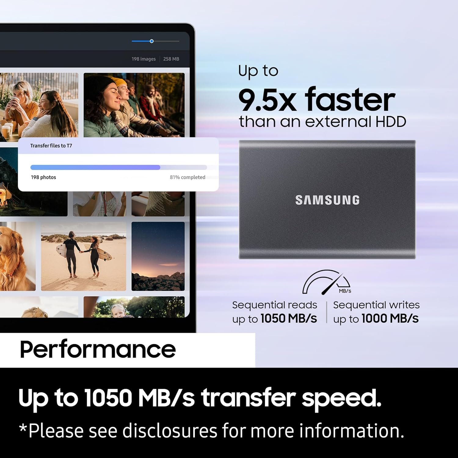 Samsung T7 2TB Up to 1,050MB/s USB 3.2 Gen 2 (10Gbps, Type-C) External Solid State Drive (Portable SSD) Grey(MU-PC2T0T) - Image 2