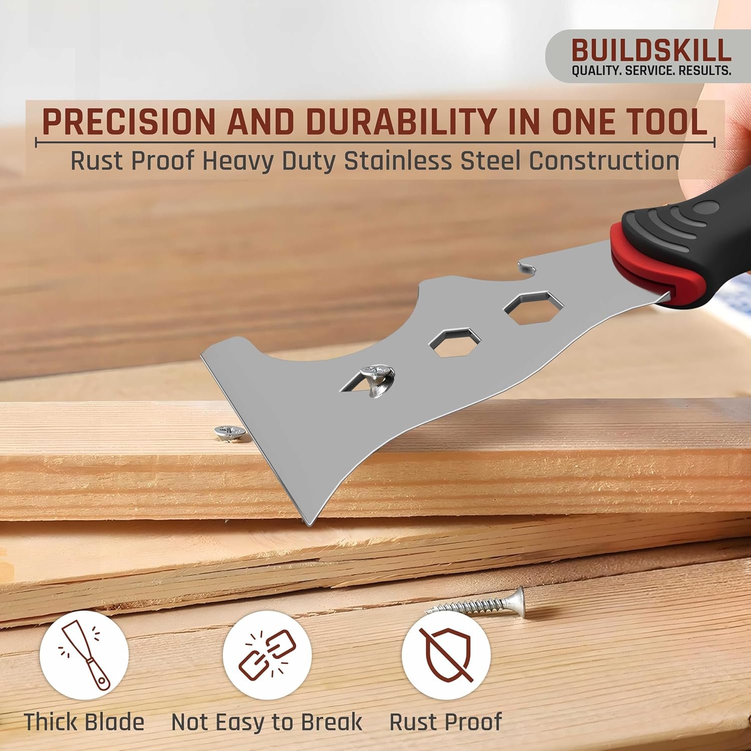 BUILDSKILL 12-in-1 multi-functional putty knife – stainless steel blade with soft grip rubber handle | roller cleaner, putty spreader, nail puller, etc – ergonomic scraper tool for painters, DIYers - Image 6