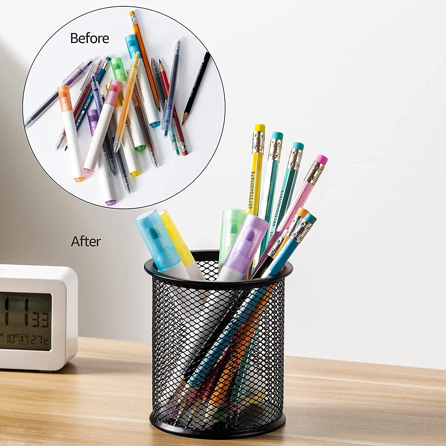 GLUN® Round Black Mesh Metal Desk Pen, Pencil and Other Stationery Organiser Holder, Use at Office, School and Home Pack of 1 - Image 4