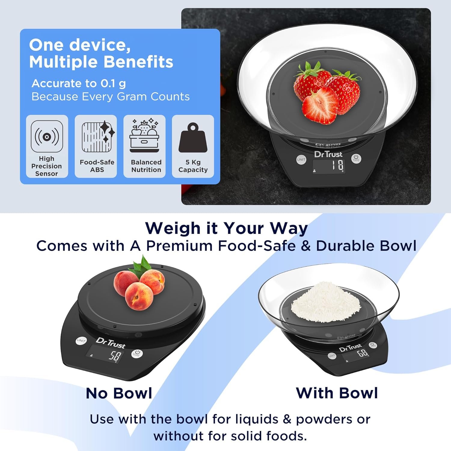 Dr Trust USA Electronic Kitchen Digital Scale Weighing Machine For Health, Fitness, Diet, Nutrition, Cooking and Home Baking with Detachable BPA Free Bowl (5 Kg)- 531 - Image 4