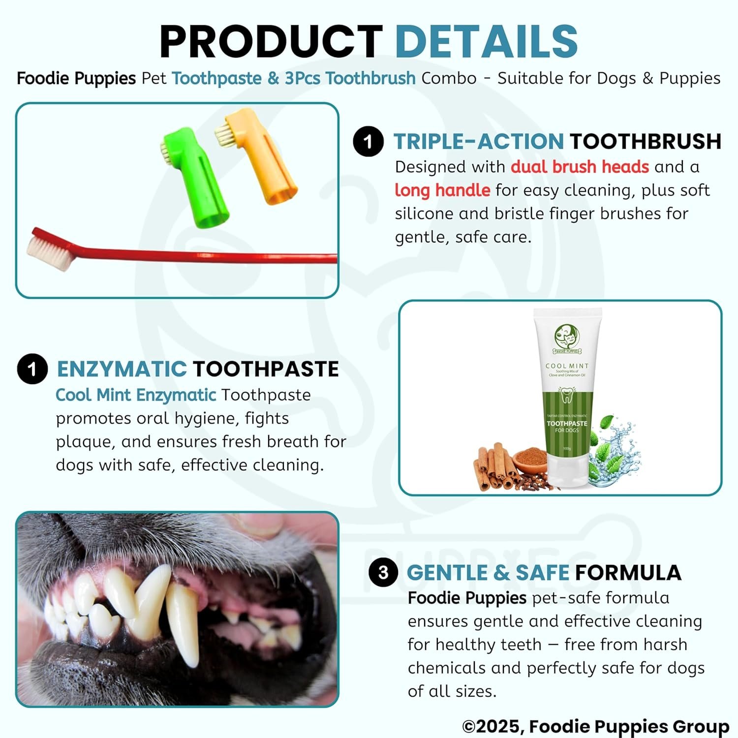 Foodie Puppies Pet Dental Oral Care Kit Combo - (Coolmint Toothpaste- 100g + 3Pcs Toothbrush) for Dogs | Soothes Inflame Gums, Remove Bad Breath, and Mix of Clove & Cinnamon Oil for Dogs and Puppies - Image 3