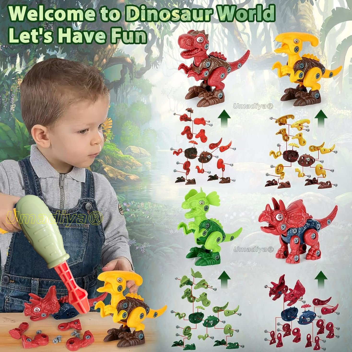 Umadiya® Branded Take Apart Dinosaur Toys, Pack of 4 Dinosaurs with Screwdrivers, Dino Kids Building Learning Toys, STEM Toy for Boys and Girls, 3 4 5 6 7 8 Year Old Boys and Girls (Dino-4) - Image 3