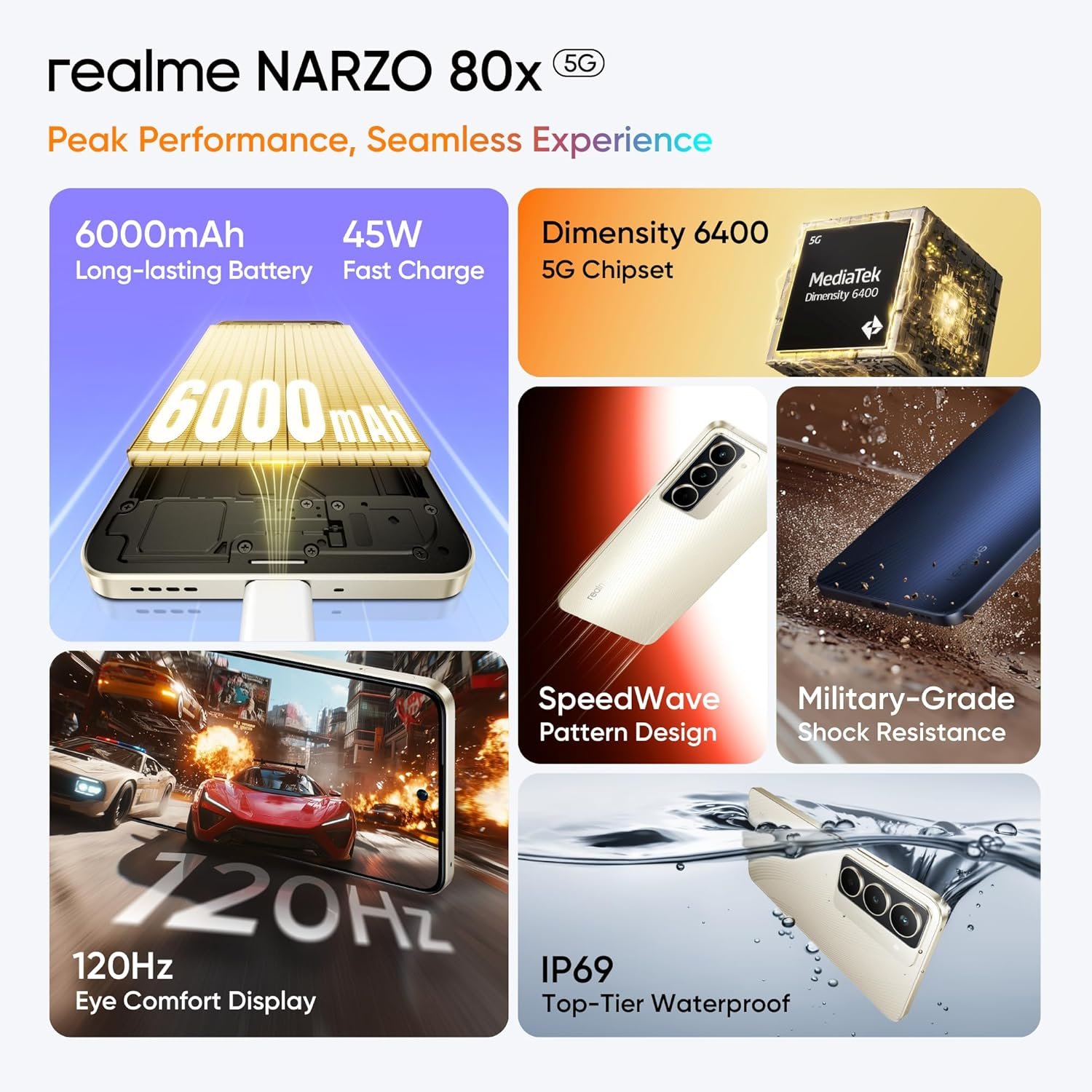 realme NARZO 80x 5G (Sunlit Gold,8GB+128GB) | | Dimensity 6400 5G Chipset | 6000mAh Long-Lasting Battery | 45W Fast Charge | 120Hz Eye Comfort Display | IP69 Top-Tier Waterproof - Image 3