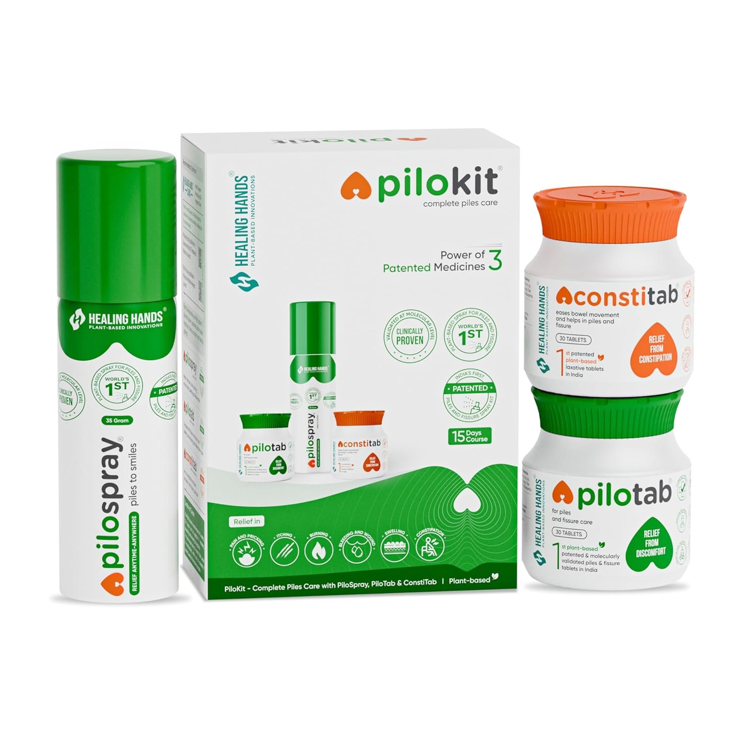 Healing Hands PiloKit Complete Piles Care Kit – 15 Days, Kit includes PiloSpray + PiloTab + ConstiTab, Patented Plant Based Piles Solution, Clinically Proven, Herbal & Natural Piles Care - Image 2