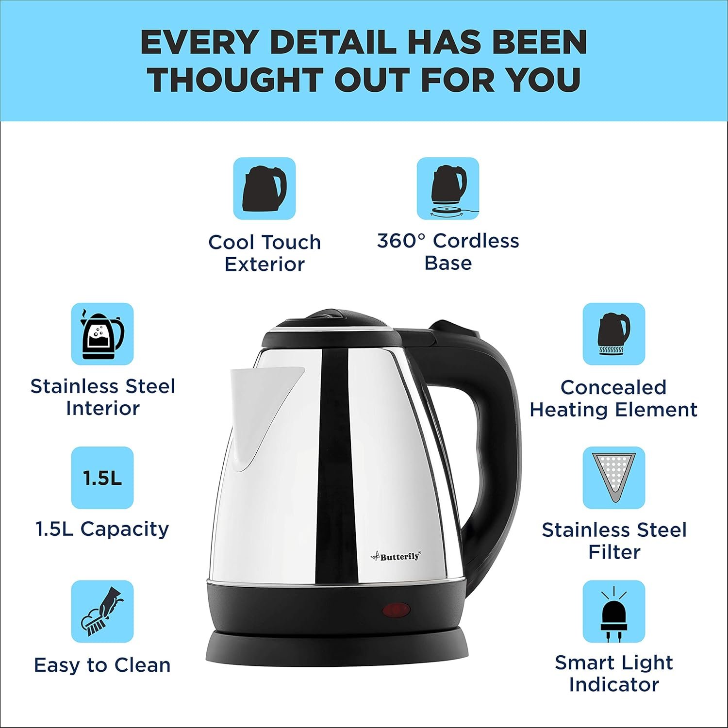 Butterfly EKN 1.5 Litre Stainless Steel Electric Kettle | 1500 W | 360� Swivel Power Base | Auto Shut Off | For Hot Water, Tea, Coffee, Noodles | Dry Boil Protection | - Image 7