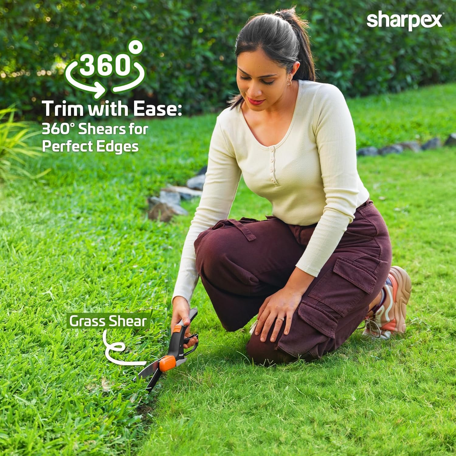 Sharpex Manual Grass Hedge Shears - 360° Rotation Blade, Precision Lawn Edge Trimmer with Heavy-Duty Serrated Blade - Comfortable Ergonomic Design, Dual-Sided Cutting (Orange) - Image 4