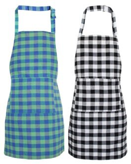 GLUN Waterproof Unisex Kitchen Checkered Design Apron with 2 Front Centre Pocket With Adjustable Neck Strap (Pack Of 2)