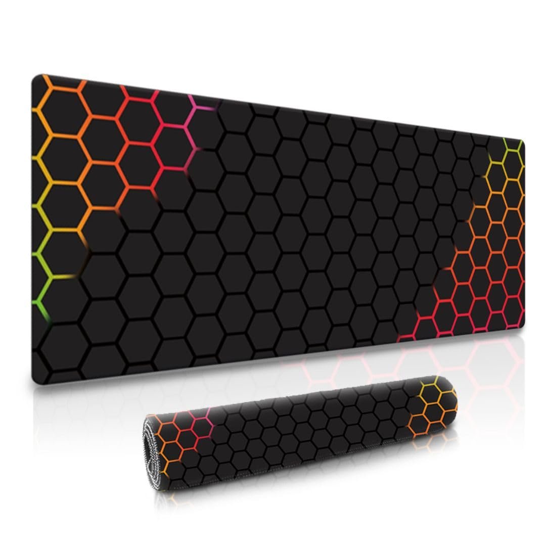 Dyazo Hexagonal Pattern Desk Mat | Water-Resistant Anti-Slip Desk Pad | Extended Gaming Mouse Pad with Rubber Stitched Edges (800mm x 300mm x 3mm) for Laptop & Computer – Black & Orange - Image 2