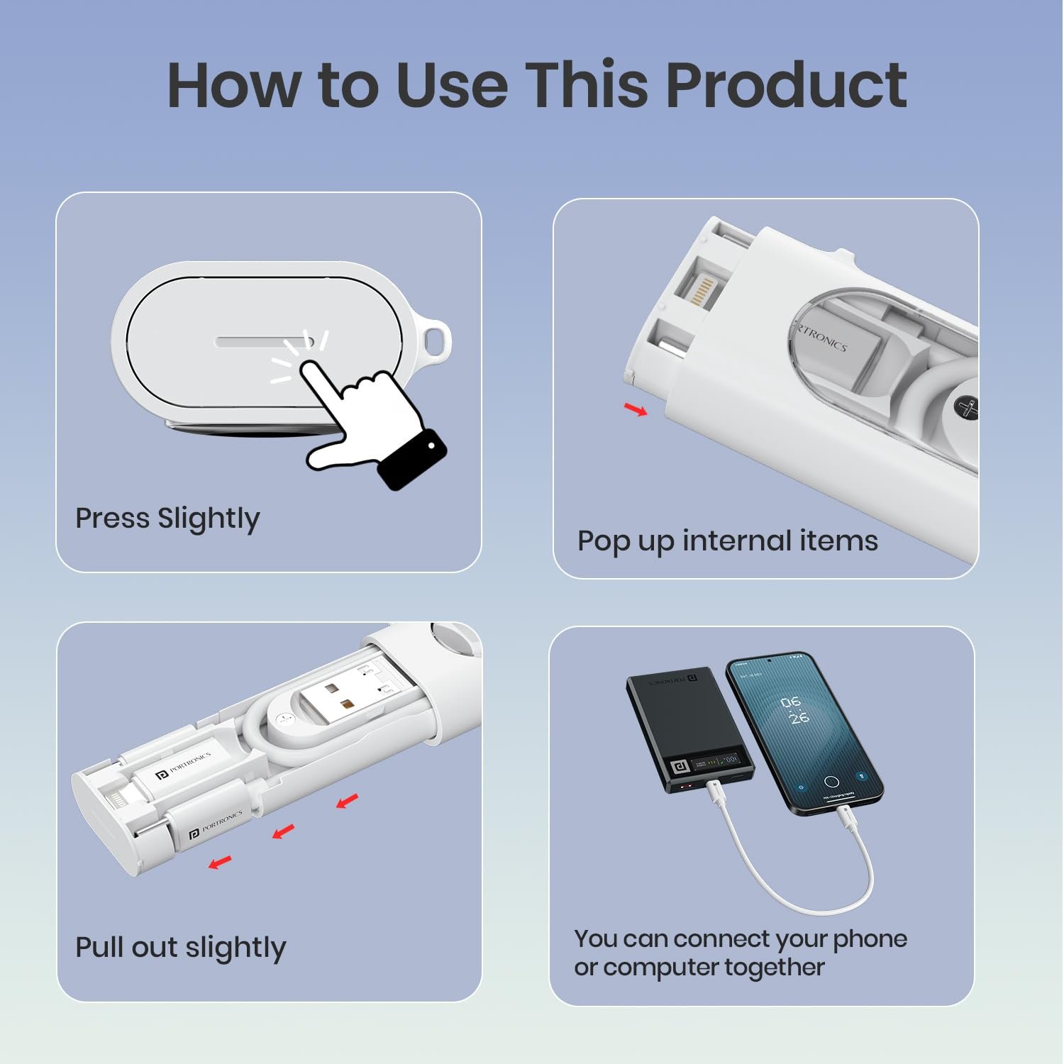 Portronics Snapcase 4 60W Multifunctional Fast Charging Data Cable Transparent Kit, Conversion Set USB A & Type C to Male Micro/Type C/Lightning, Data Transfer, Sim Storage, Sim Eject Pin,Pocket Size - Image 4