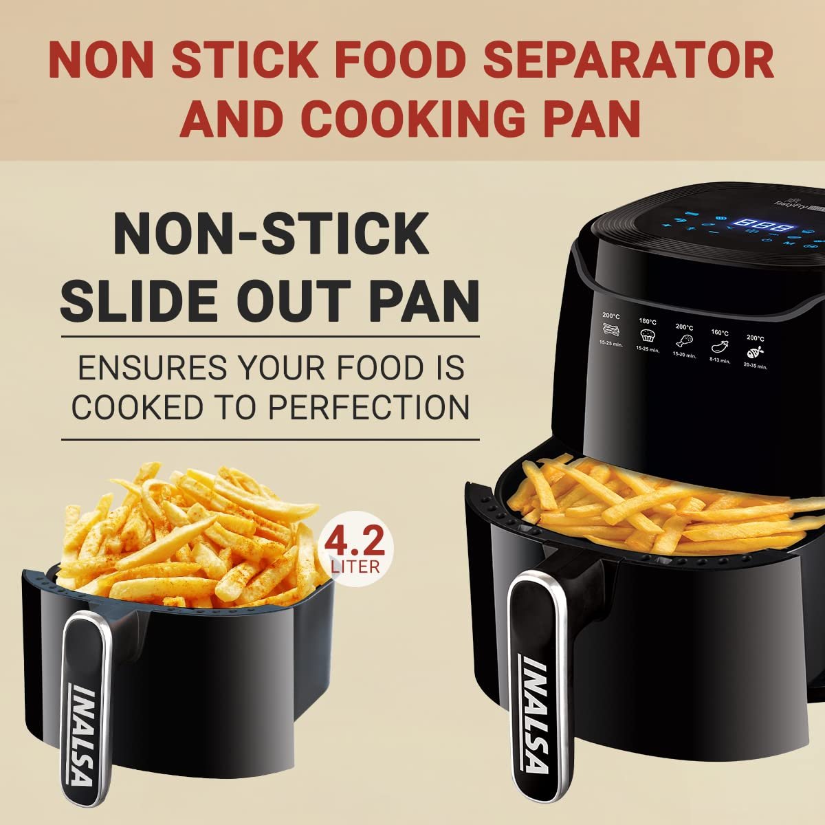 INALSA Air Fryer 4.2 ltr|1400 W with Air Crisp Technology|Temperature & Timer Control|8 Preset Menu & Digital Display|Air fry, Bake,Roast,Reheat,Dehydrate|Airfryer Recipe book(Tasty Fry Digital) - Image 7