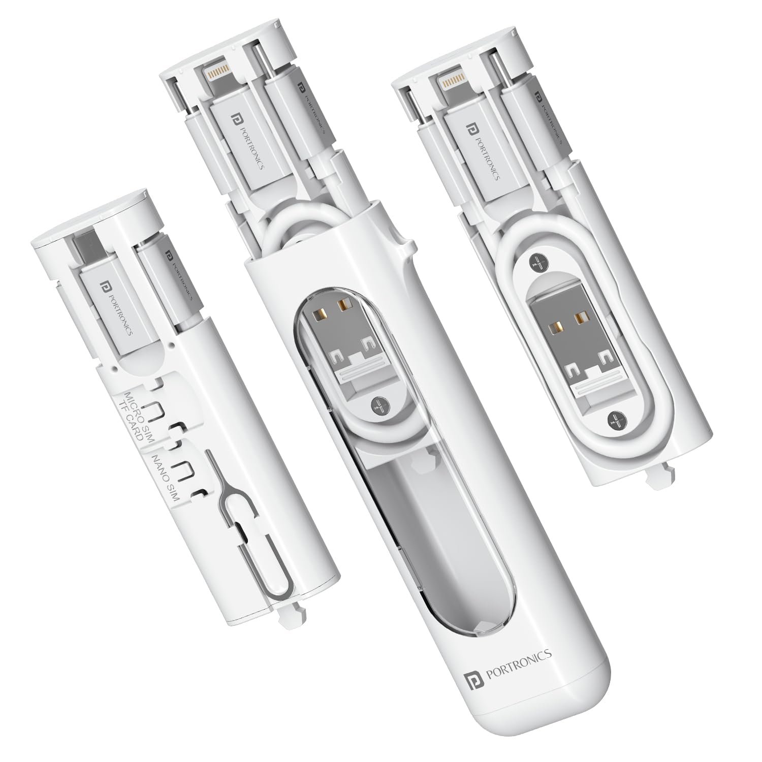 Portronics Snapcase 4 60W Multifunctional Fast Charging Data Cable Transparent Kit, Conversion Set USB A & Type C to Male Micro/Type C/Lightning, Data Transfer, Sim Storage, Sim Eject Pin,Pocket Size - Image 2