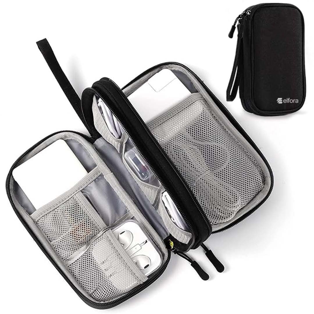 Elfora Cable Organizer Pouch | Travel Organiser Bag | Double Layer Storage for USB Cables, Chargers, Earphone, Power Bank, Hard disc & Other Accessories | Durable Nylon Case with Mesh Pockets (Black) - Image 2