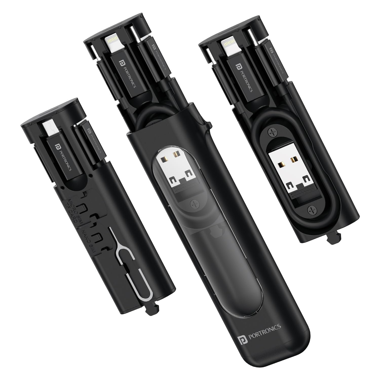 Portronics Snapcase 4 60W Multifunctional Fast Charging Data Cable Transparent Kit, Conversion Set USB A & Type C to Male Micro/Type C/Lightning, Data Transfer, Sim Storage, Sim Eject Pin,Pocket Size - Image 2