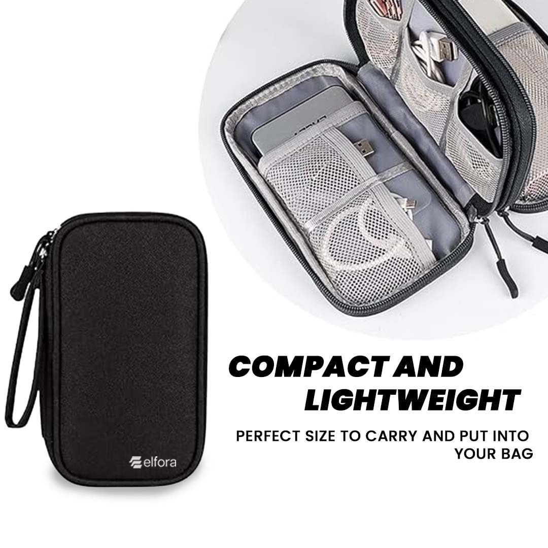 Elfora Cable Organizer Pouch | Travel Organiser Bag | Double Layer Storage for USB Cables, Chargers, Earphone, Power Bank, Hard disc & Other Accessories | Durable Nylon Case with Mesh Pockets (Black) - Image 3
