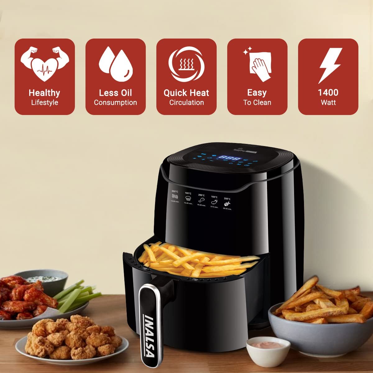 INALSA Air Fryer 4.2 ltr|1400 W with Air Crisp Technology|Temperature & Timer Control|8 Preset Menu & Digital Display|Air fry, Bake,Roast,Reheat,Dehydrate|Airfryer Recipe book(Tasty Fry Digital) - Image 4
